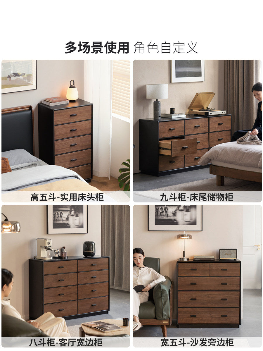 Solid wood chest of drawers, Italian light luxury 5-drawer or 6-drawer cabinet, bedroom black walnut bedside drawer unit